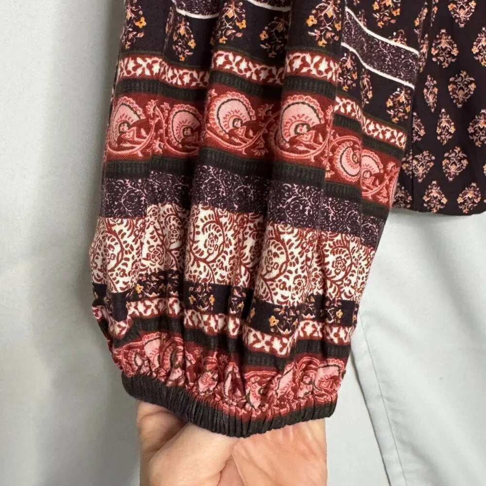 Old Navy Long Ballon Sleeve Smocked Brown Printed Poet Peasant Blouse Size Large